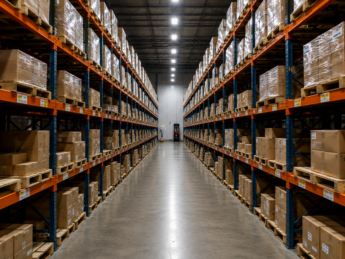 Warehouse aisle with organized inventory on racking